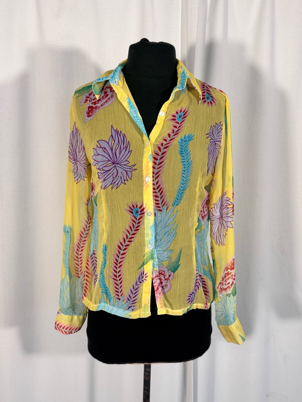 Vintage H.I.T. Yellow Sheer Floral Button-Up Blouse - Picture 1 of 9